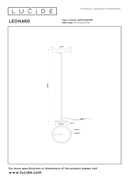 Lucide LEONARD - Vloerlamp - Ø 40 cm - LED - CCT - 1x24W 2200K/3000K - Koffie - Vibes - technisch